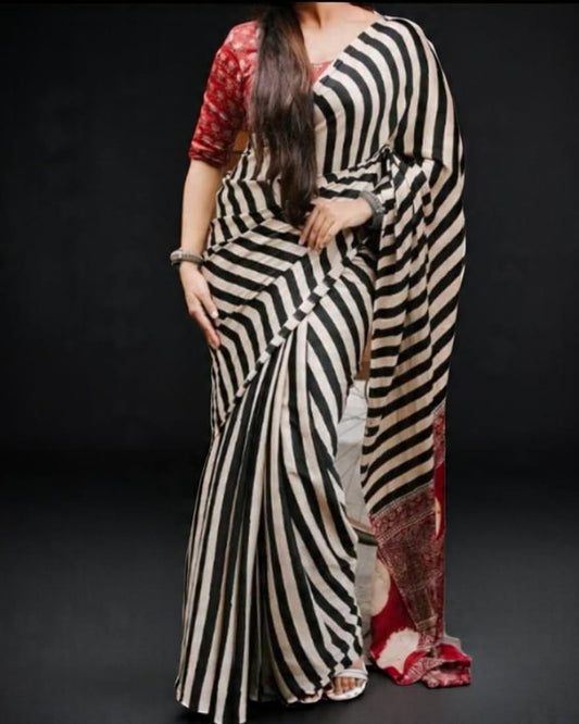 Pure Ajrakh Modal Silk Saree – Black & White Stripes with Brick Red Veg Dye | Gruhini Silks