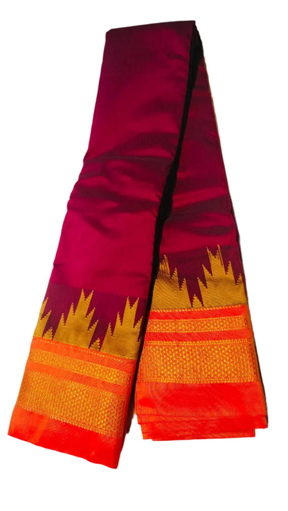 Ilkal Cotton Silk Saree with Temple Border Maroon with Orange | Gruhini Silks