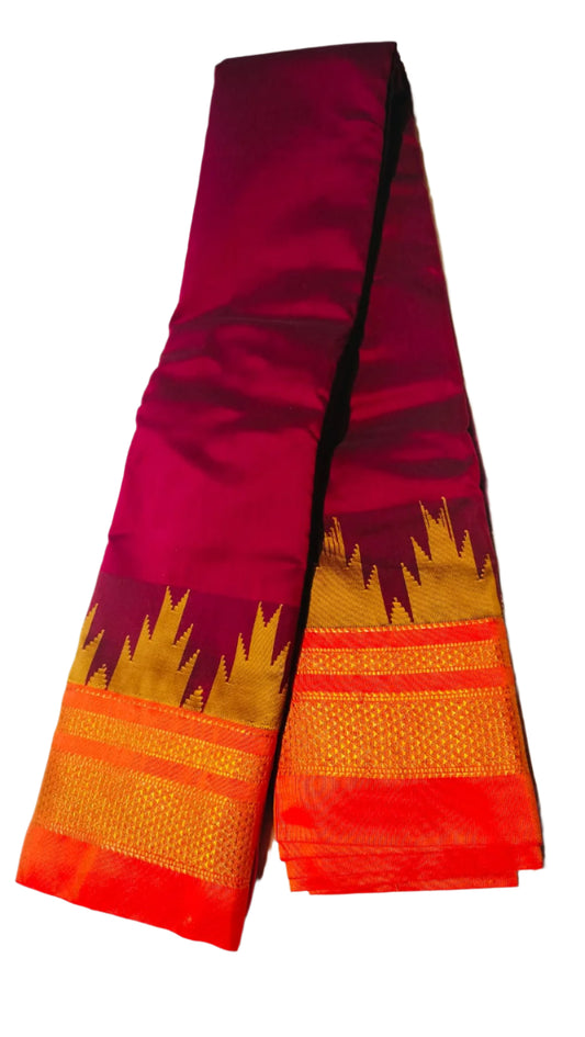 Ilkal Cotton Silk Saree with Temple Border Maroon with Orange | Gruhini Silks