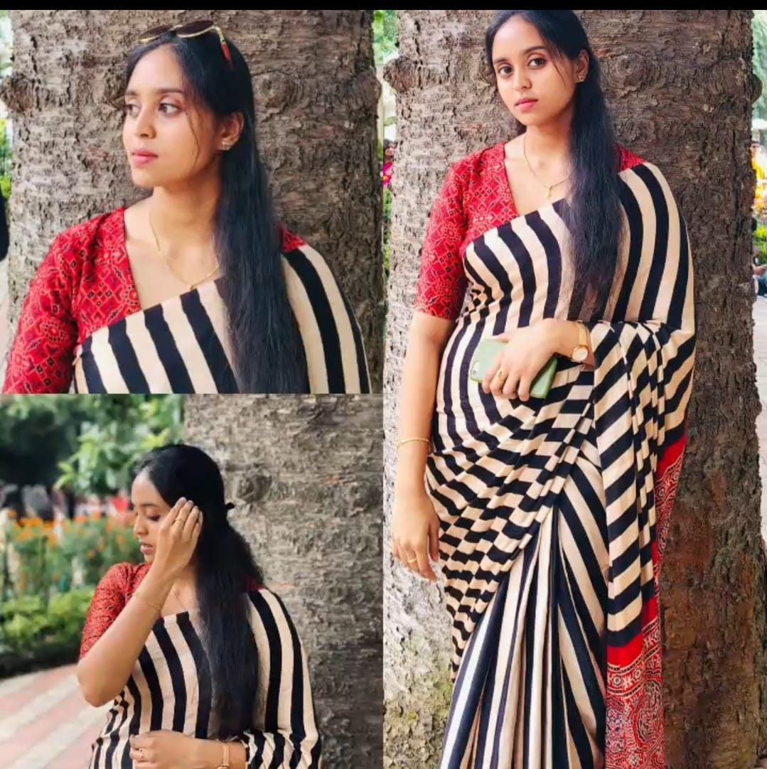 Pure Ajrakh Modal Silk Saree – Black & White Stripes with Brick Red Veg Dye | Gruhini Silks