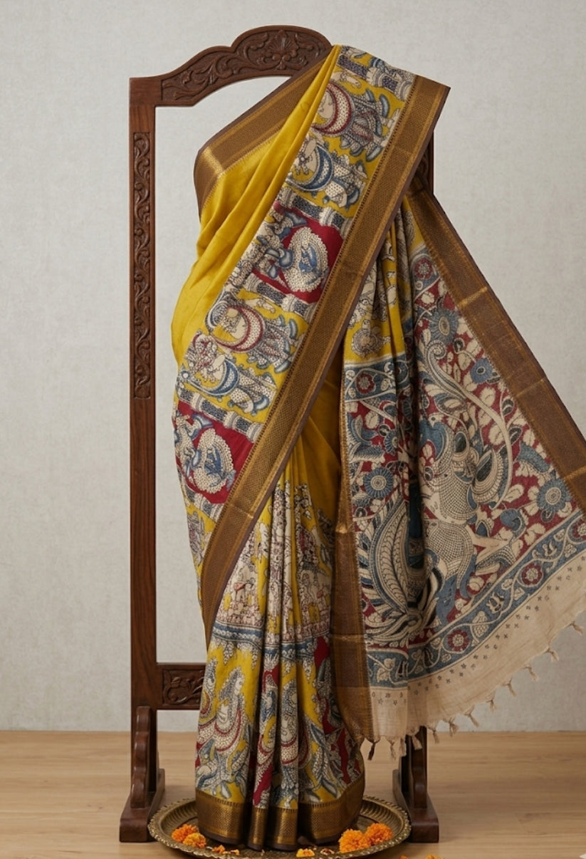 Kalamkari Mangalagiri Pattu Saree with Contrast Blouse & Nizam Border