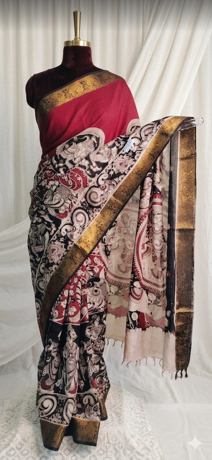 Kalamkari Mangalagiri Pattu Saree with Contrast Blouse & Nizam Border