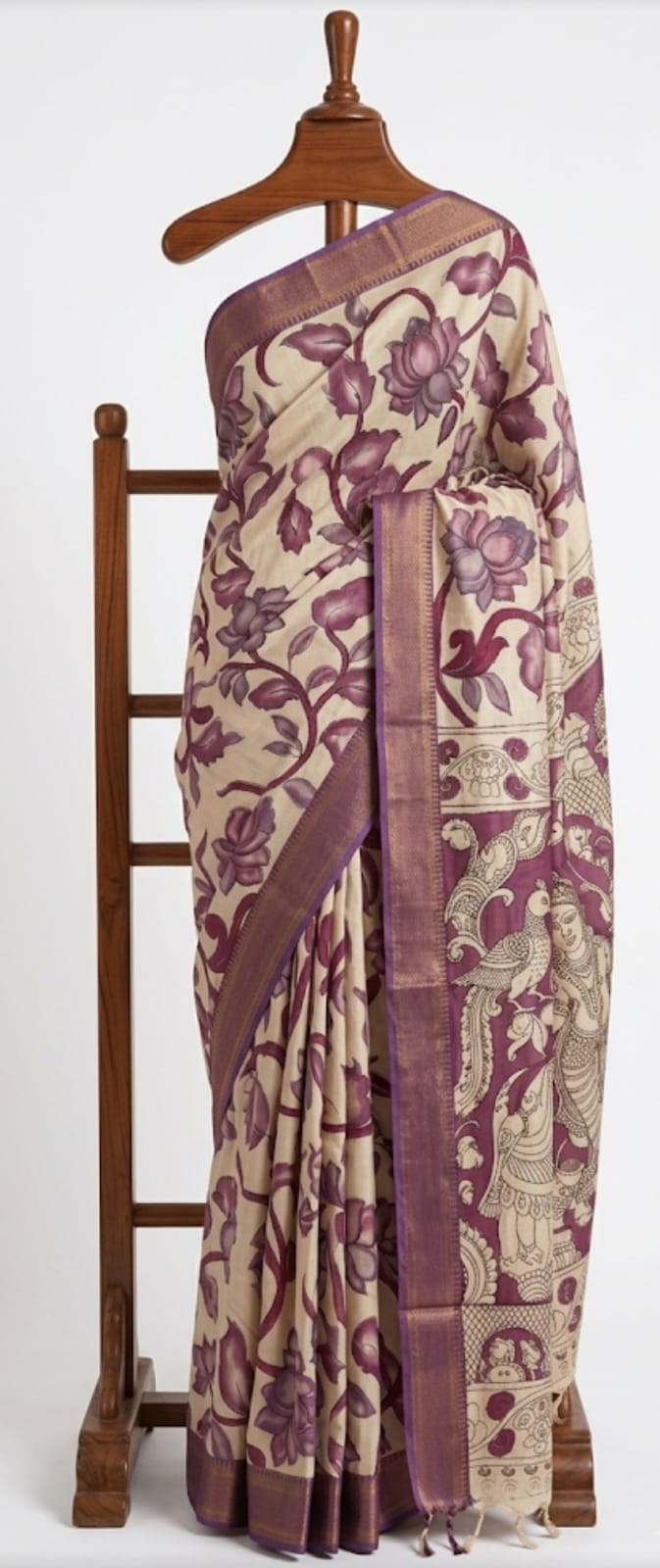 👉 Kalamkari Mangalagiri Pattu Saree with Contrast Blouse & Nizam Border
