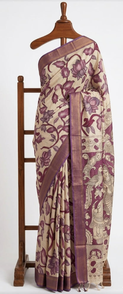 👉 Kalamkari Mangalagiri Pattu Saree with Contrast Blouse & Nizam Border