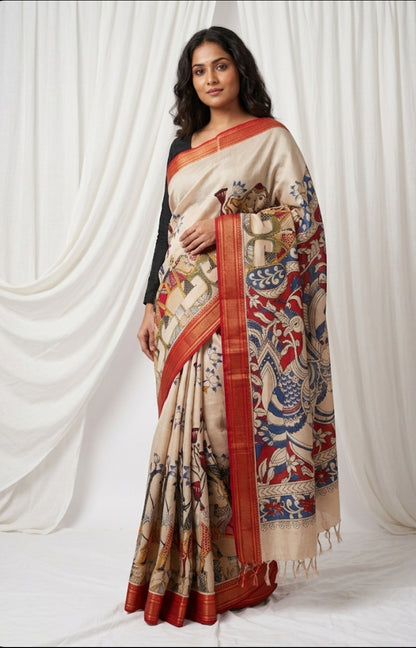 Kalamkari Mangalagiri Pattu Saree with Contrast Blouse & Nizam Border