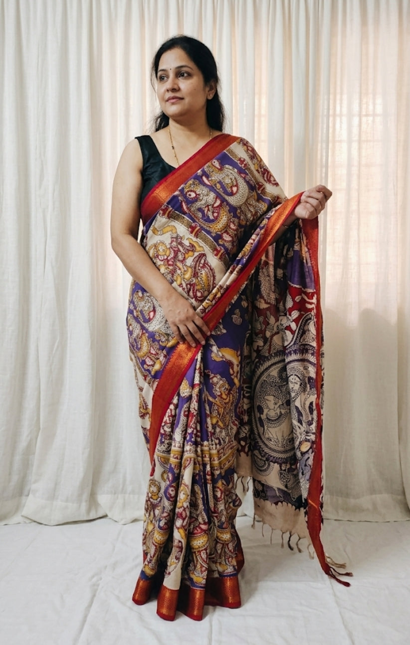 Kalamkari Mangalagiri Pattu Saree with Contrast Blouse & Nizam Border