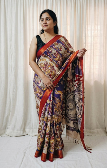 Kalamkari Mangalagiri Pattu Saree with Contrast Blouse & Nizam Border