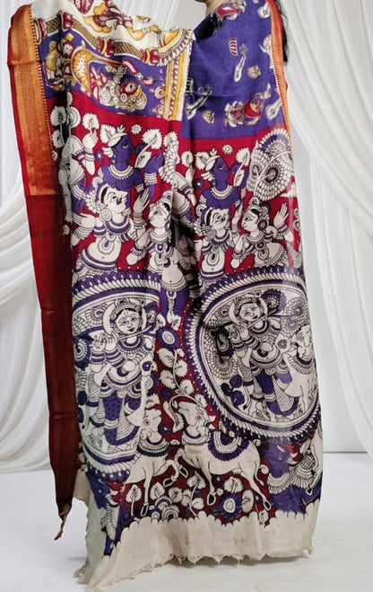 Kalamkari Mangalagiri Pattu Saree with Contrast Blouse & Nizam Border