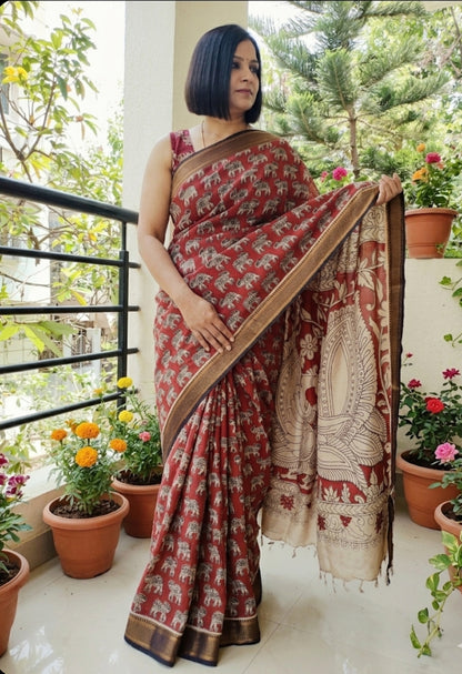 Kalamkari Mangalagiri Pattu Saree with Contrast Blouse & Nizam Border