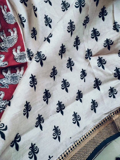 Kalamkari Mangalagiri Pattu Saree with Contrast Blouse & Nizam Border