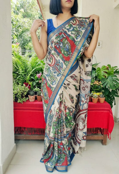 Kalamkari Mangalagiri Pattu Saree with Contrast Blouse & Nizam Border