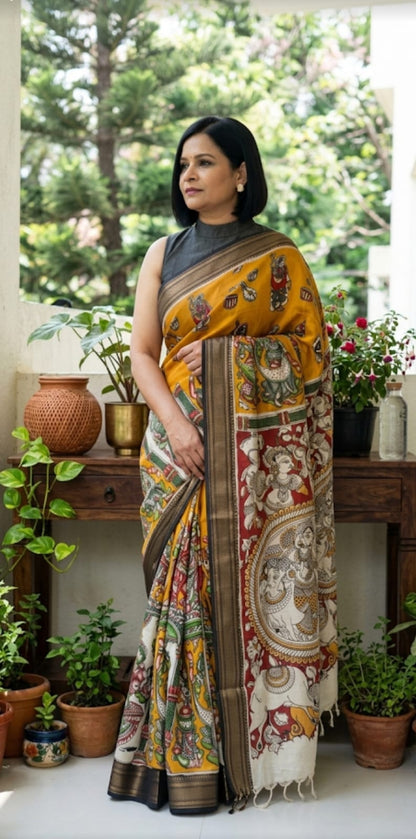 Kalamkari Mangalagiri Pattu Saree with Contrast Blouse & Nizam Border