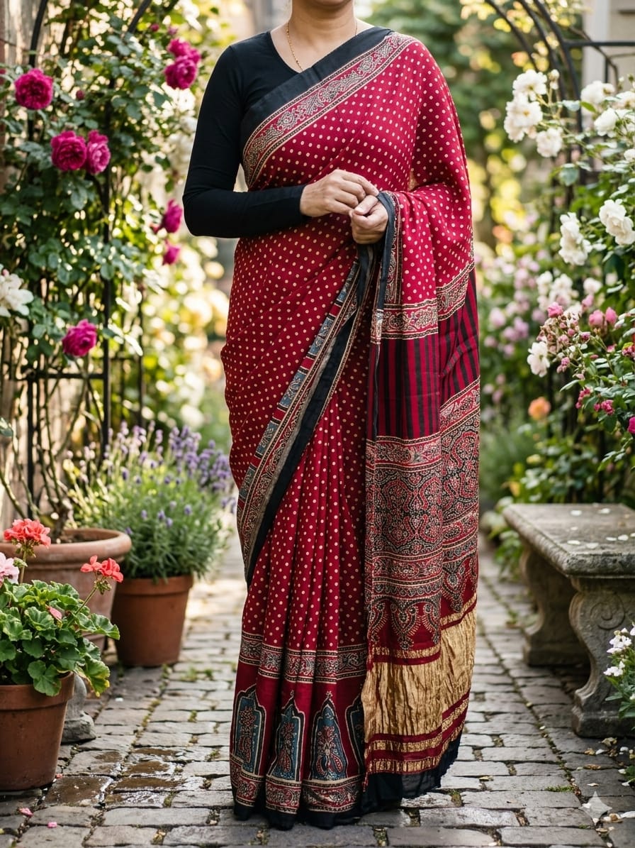 Pure Handloom Ajrakh Modal Silk Saree with Tissue Pallu | Signature Block Print Saree | Gruhini Silks