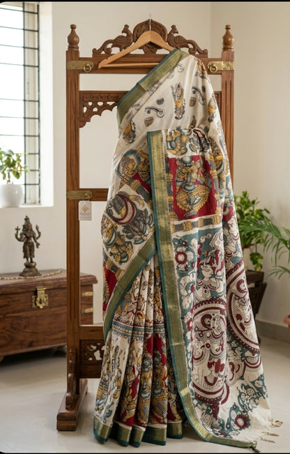 Kalamkari Mangalagiri Pattu Saree with Contrast Blouse & Nizam Border
