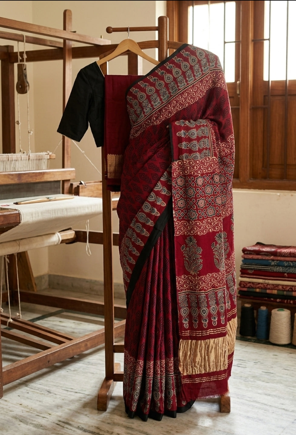 Pure Handloom Ajrakh Modal Silk Saree with Lagdi Tissue Pallu | Premium Block Print Saree