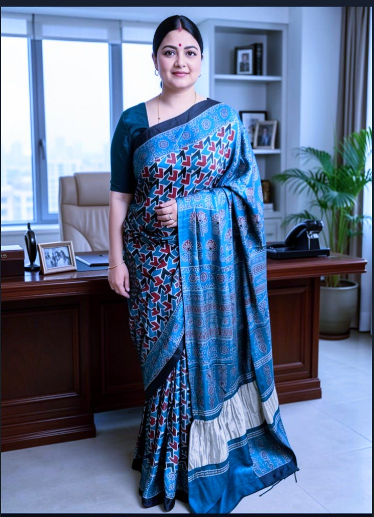 Buy Ajrakh Modal Silk Saree with Lagdi Pallu | Handloom Block Print Saree Online