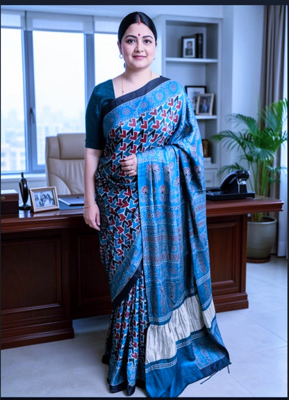 Buy Ajrakh Modal Silk Saree with Lagdi Pallu | Handloom Block Print Saree Online