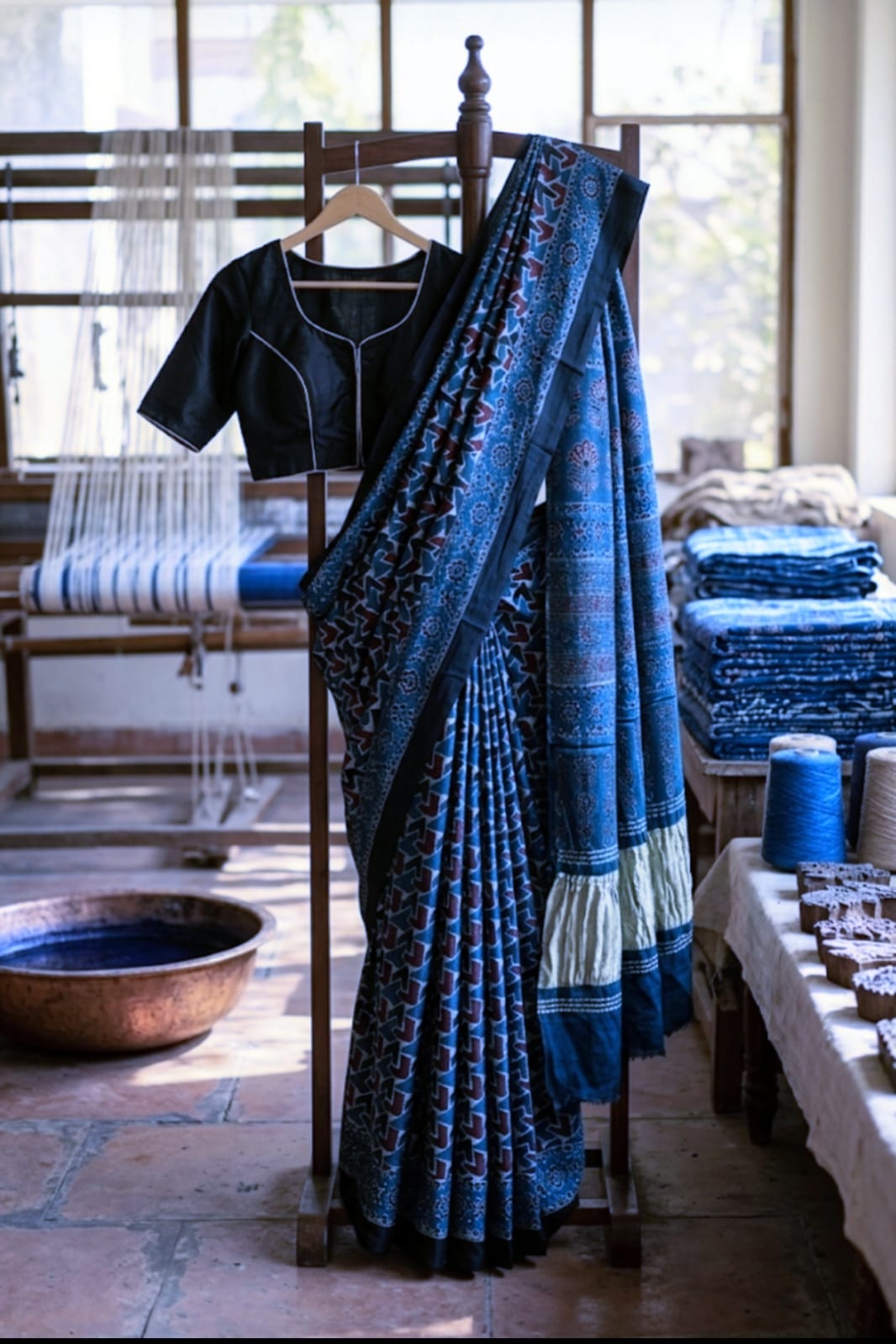 Buy Ajrakh Modal Silk Saree with Lagdi Pallu | Handloom Block Print Saree Online
