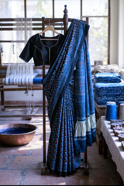 Buy Ajrakh Modal Silk Saree with Lagdi Pallu | Handloom Block Print Saree Online