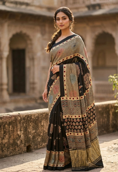 Buy Ajrakh Modal Silk Saree with Lagdi Pallu | Handloom Block Print Saree Online