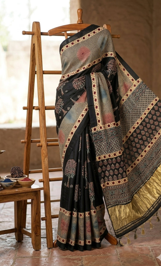 Buy Ajrakh Modal Silk Saree with Lagdi Pallu | Handloom Block Print Saree Online
