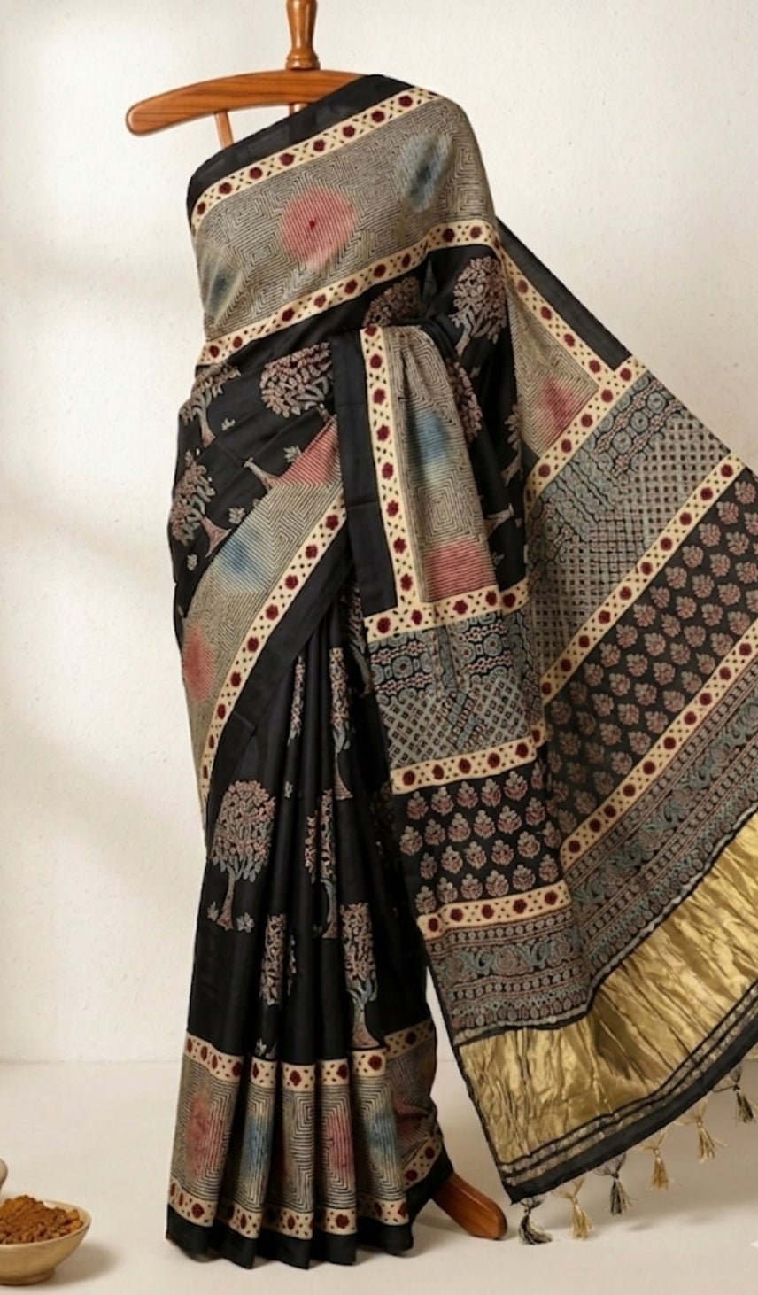 Buy Ajrakh Modal Silk Saree with Lagdi Pallu | Handloom Block Print Saree Online
