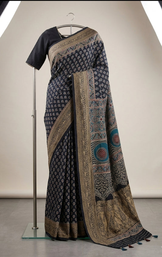 Buy Ajrakh Modal Silk Saree with Lagdi Pallu | Handloom Block Print Saree Online