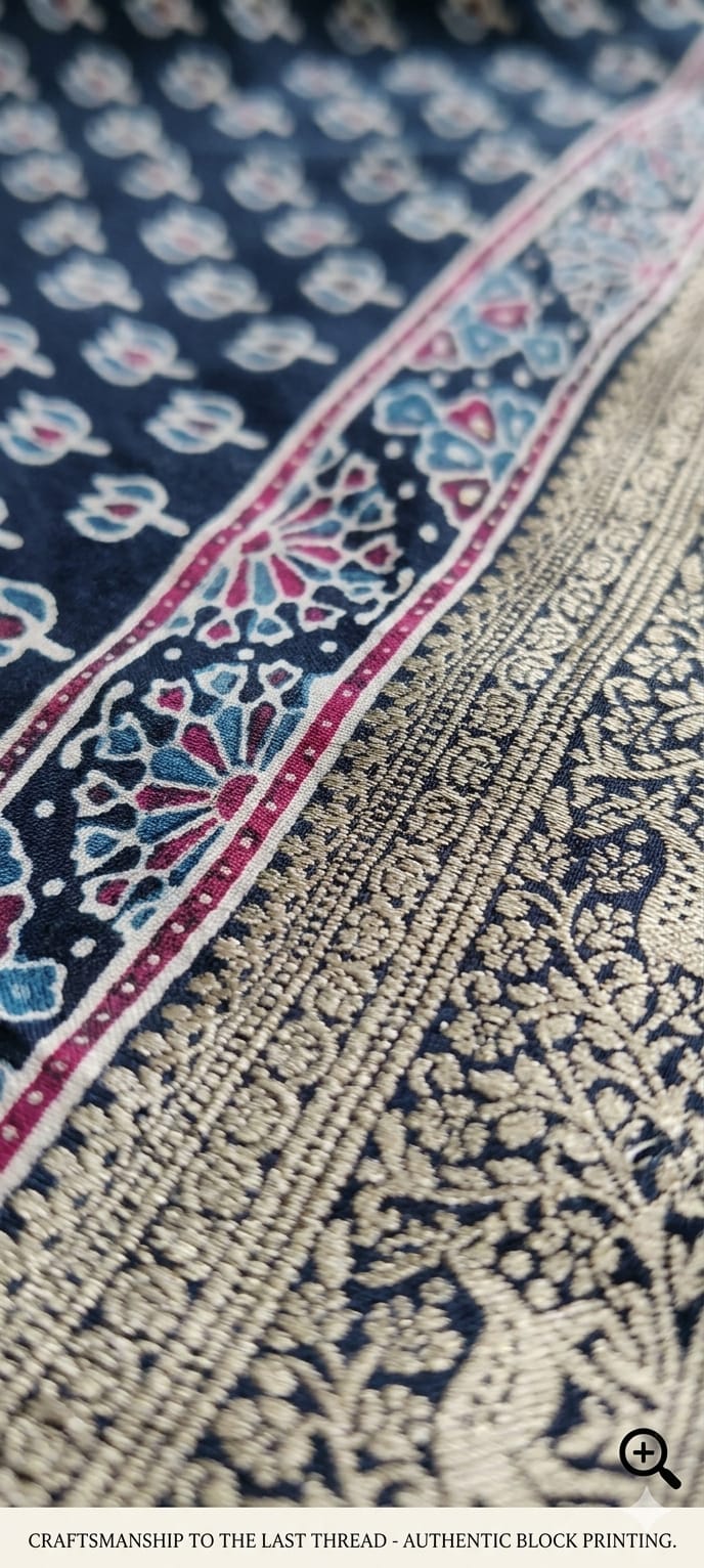 Buy Ajrakh Modal Silk Saree with Lagdi Pallu | Handloom Block Print Saree Online