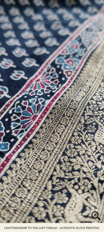 Buy Ajrakh Modal Silk Saree with Lagdi Pallu | Handloom Block Print Saree Online