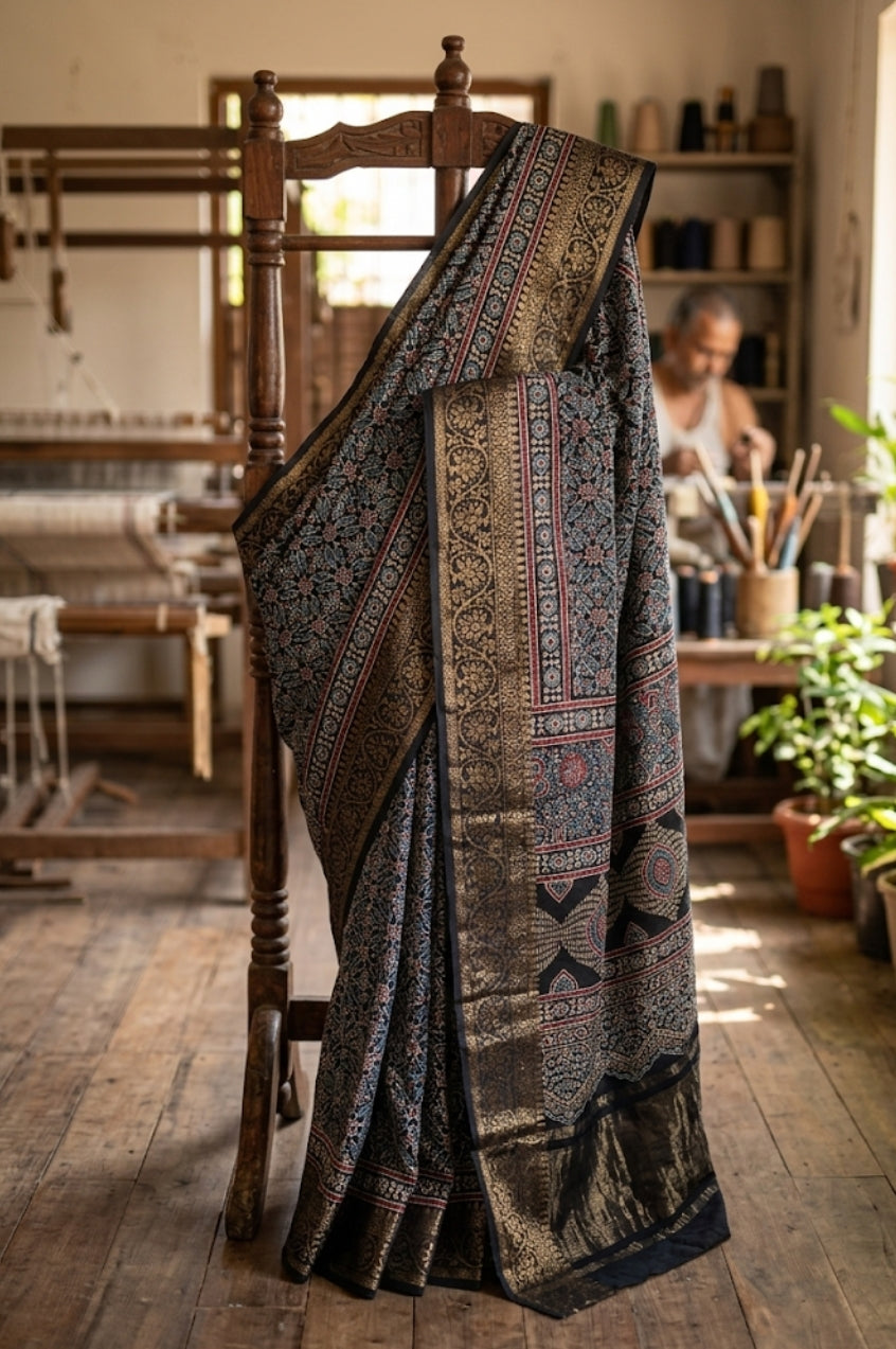 Buy Ajrakh Modal Silk Saree with Dola Silk Pallu | Handloom Block Print Saree Online
