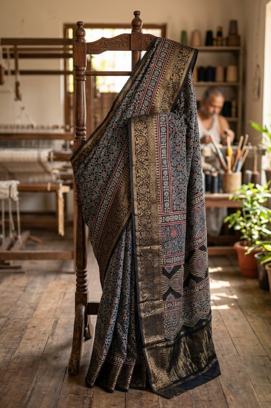 Buy Ajrakh Modal Silk Saree with Dola Silk Pallu | Handloom Block Print Saree Online