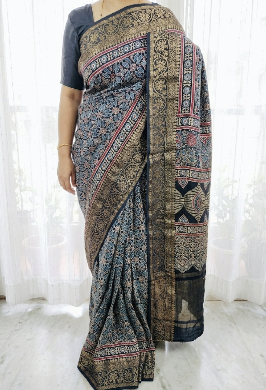 Buy Ajrakh Modal Silk Saree with Dola Silk Pallu | Handloom Block Print Saree Online