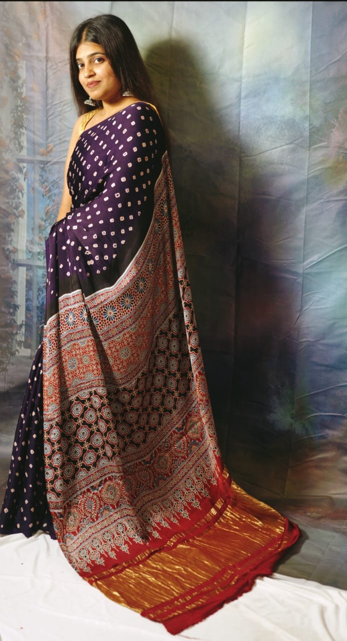 Ajrakh Bandhej Modal Silk Purple