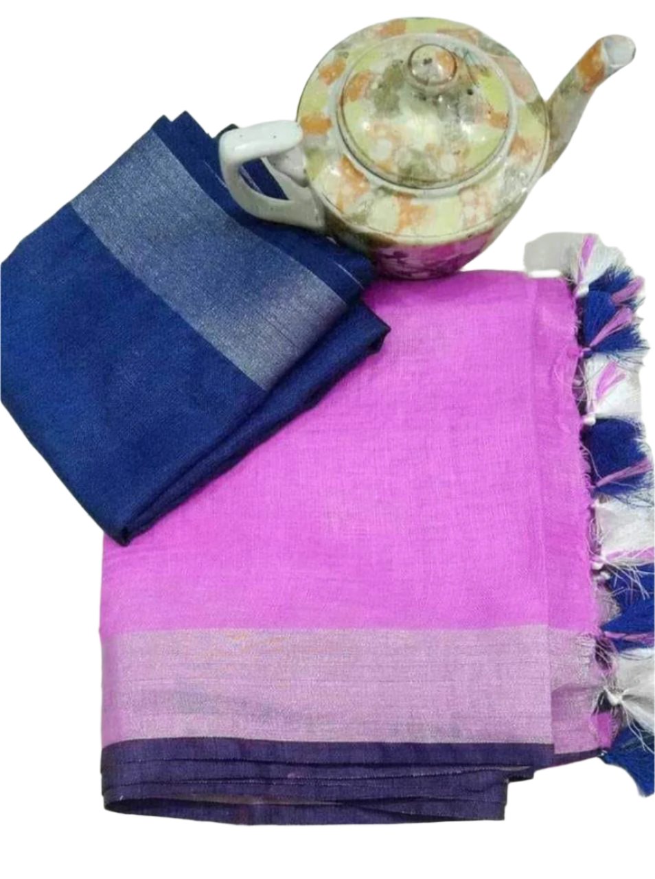 Linen Cotton Saree Pink with Blue