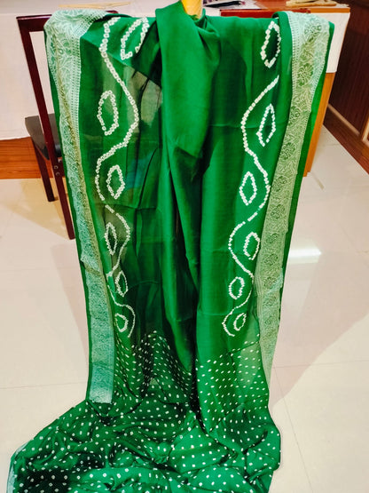 Bandhej Modal Silk Saree Lakhnavi Green