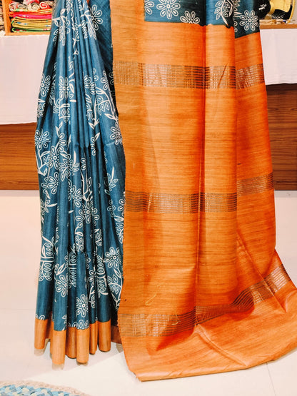 Tussur Silk Saree Blue with Orange Pallu