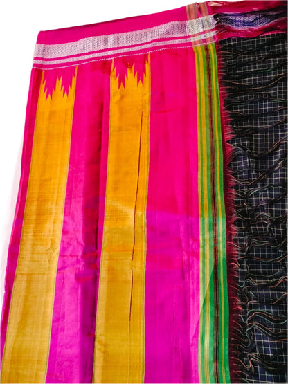 "Ilkal Handloom Saree with Raw Silk Pallu Black Checks