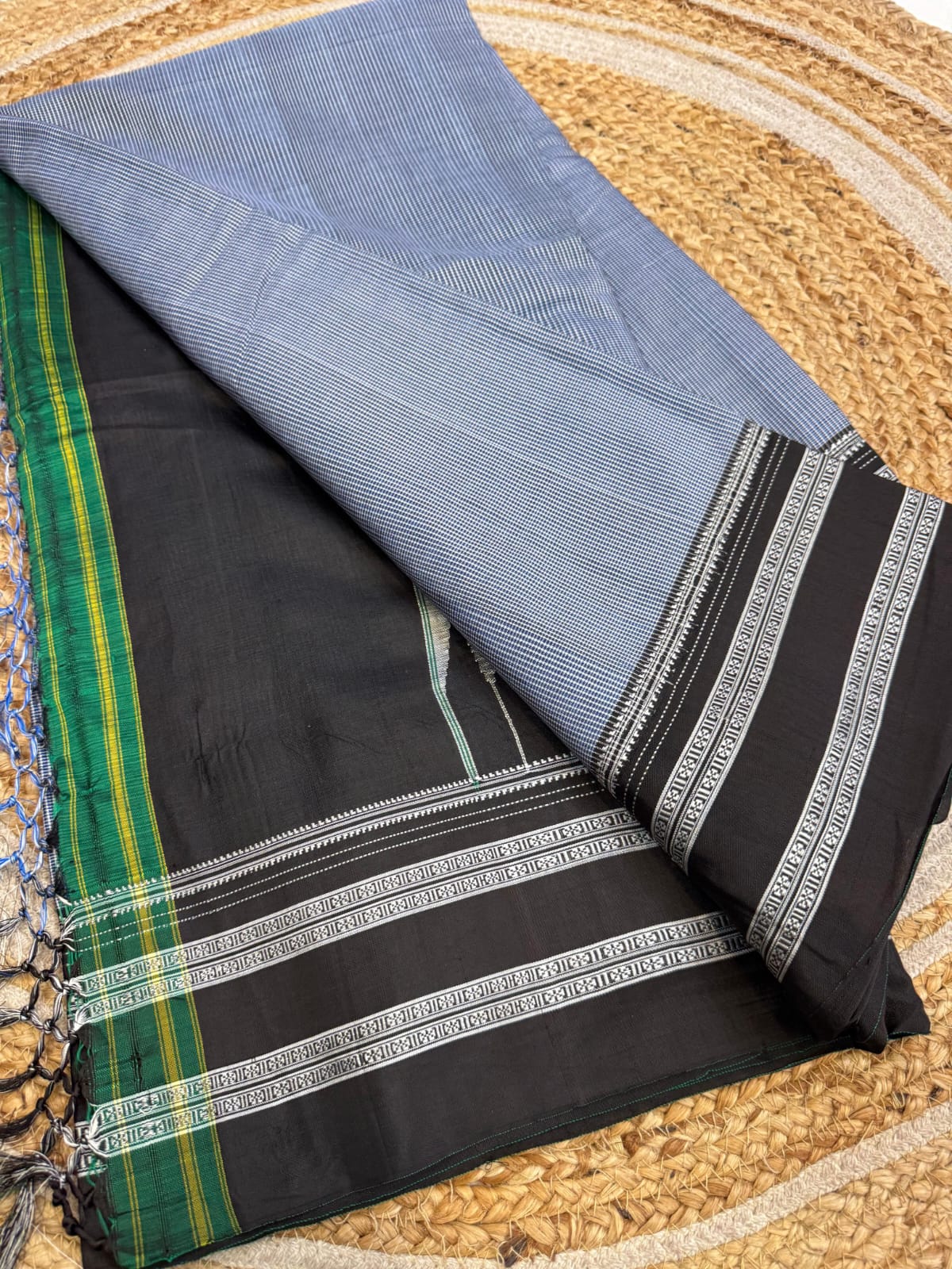 Handloom ILKAL SAREE GREY - Black Resham Pallu