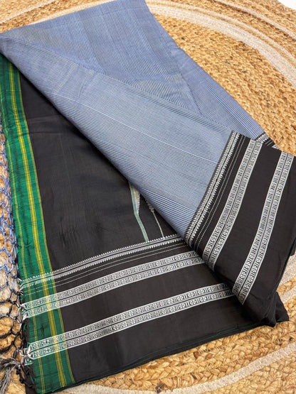 Handloom ILKAL SAREE GREY - Black Resham Pallu