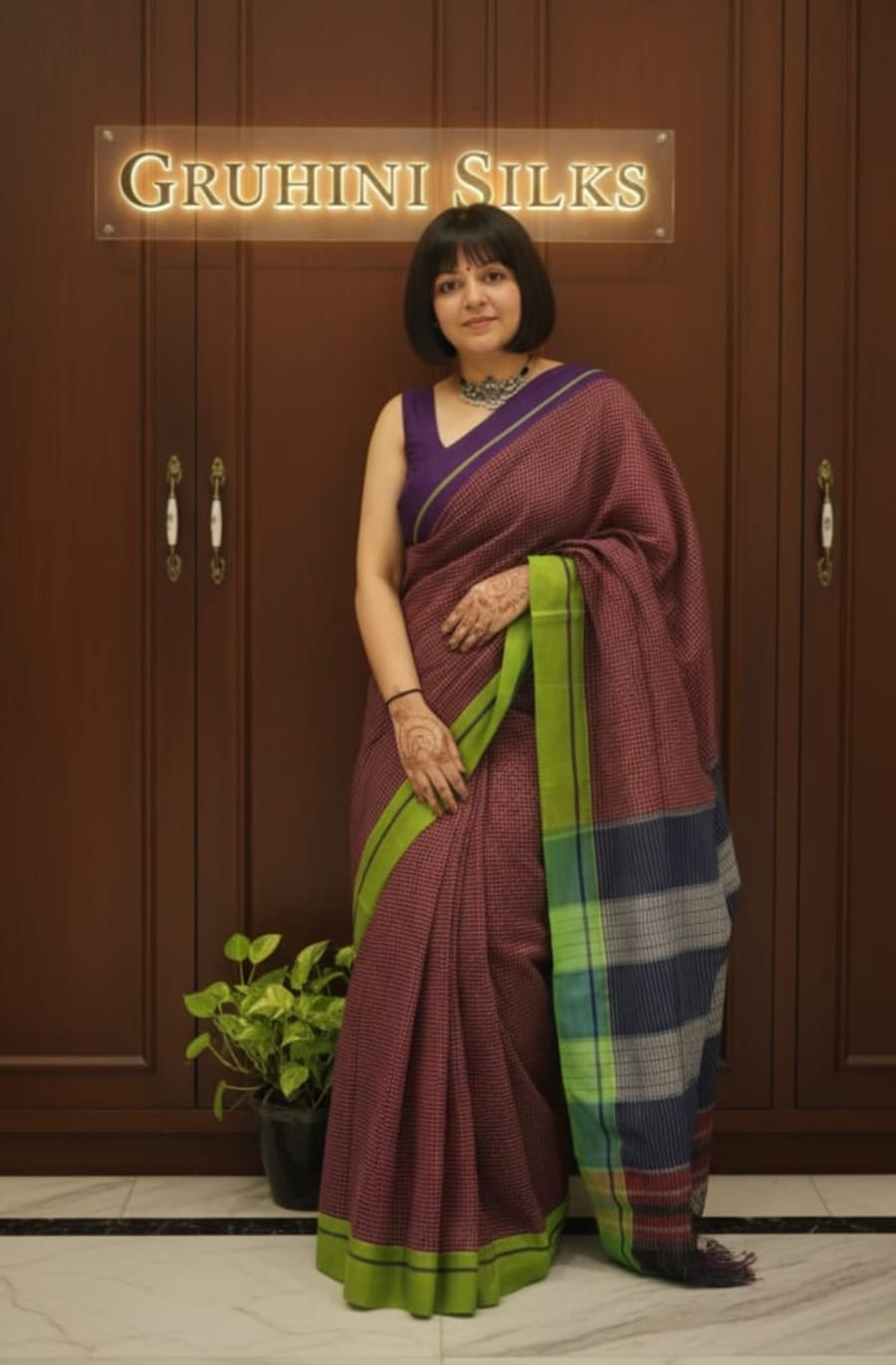 Anchu Patteda Purple with Green Saree