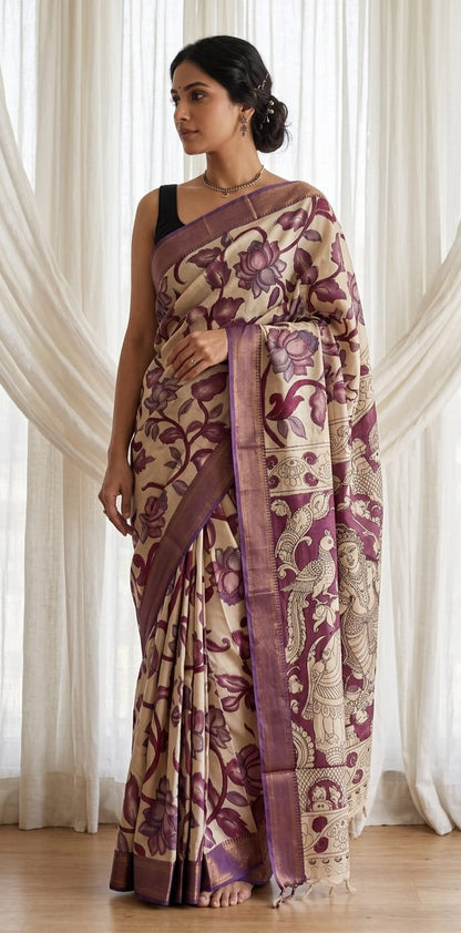 👉 Kalamkari Mangalagiri Pattu Saree with Contrast Blouse & Nizam Border