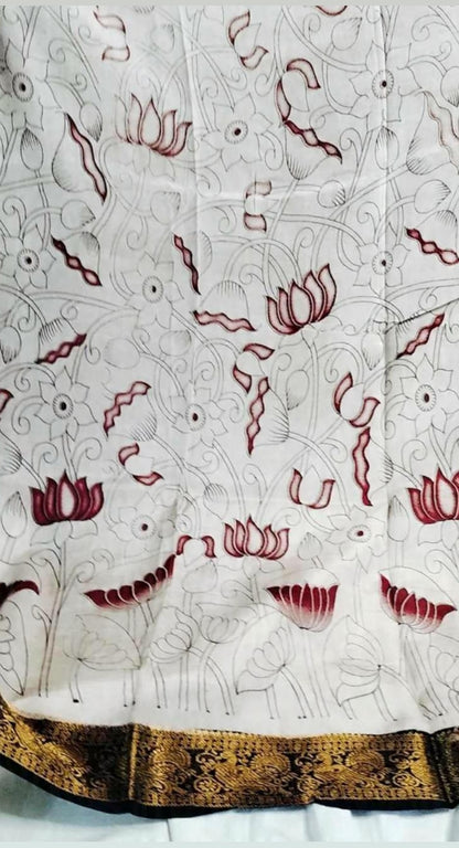 Kalamkari Mangalagiri Pattu Saree with Contrast Blouse & Nizam Border