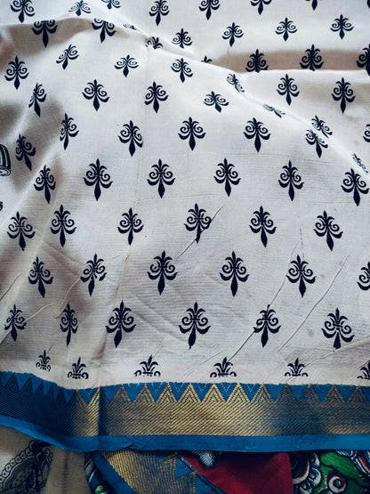 Kalamkari Mangalagiri Pattu Saree with Contrast Blouse & Nizam Border