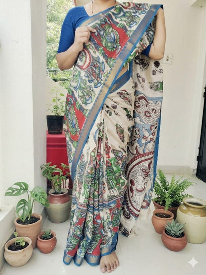 Kalamkari Mangalagiri Pattu Saree with Contrast Blouse & Nizam Border