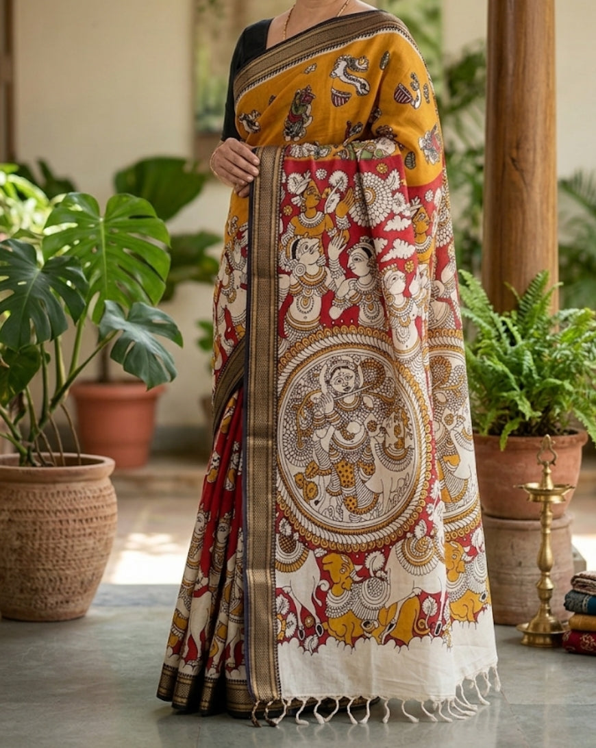 Kalamkari Mangalagiri Pattu Saree with Contrast Blouse & Nizam Border