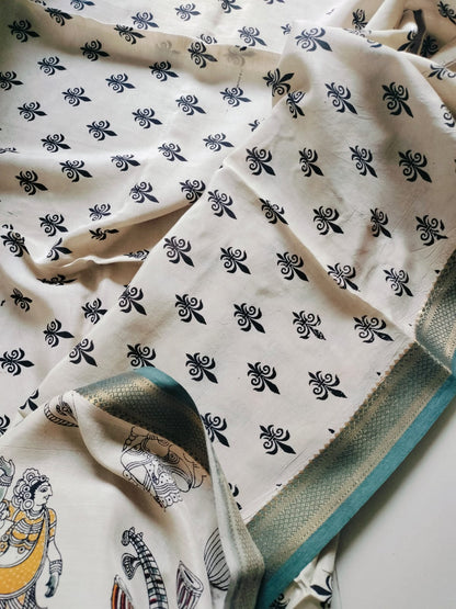Kalamkari Mangalagiri Pattu Saree with Contrast Blouse & Nizam Border