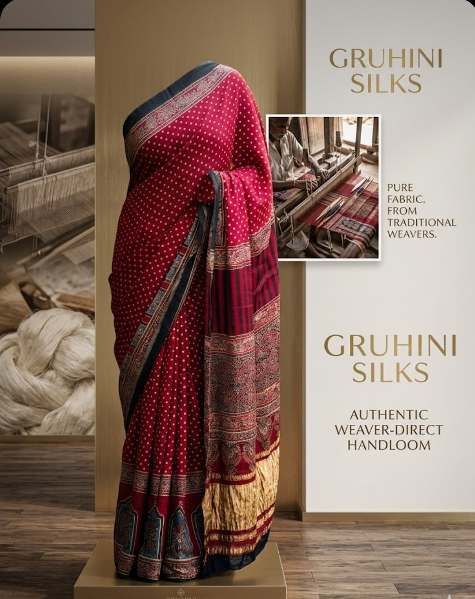 Pure Handloom Ajrakh Modal Silk Saree with Tissue Pallu | Signature Block Print Saree | Gruhini Silks