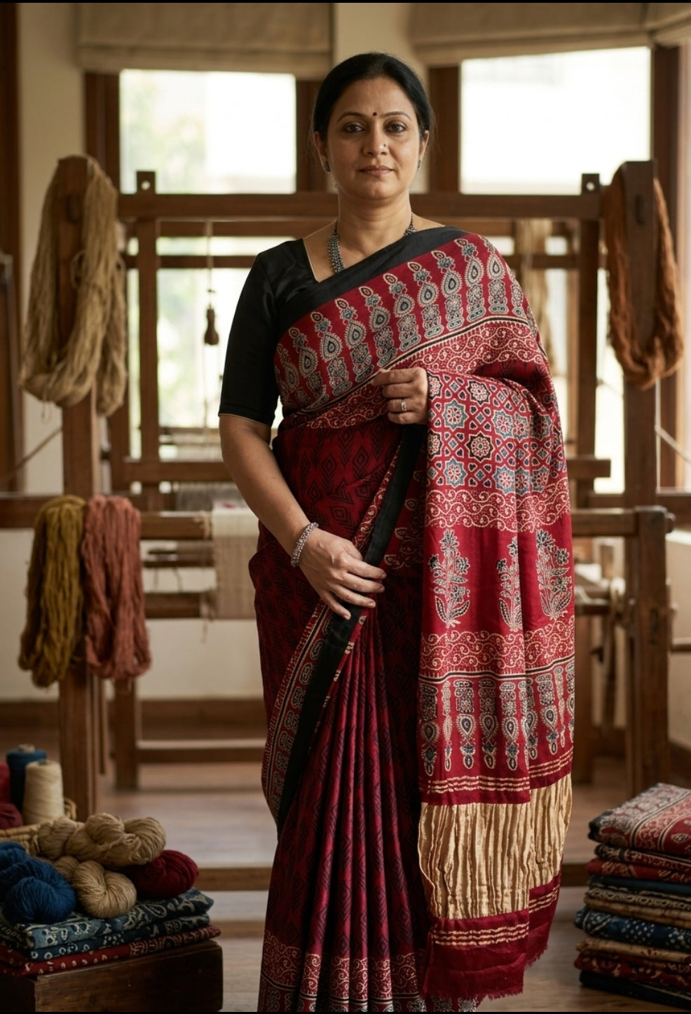 Pure Handloom Ajrakh Modal Silk Saree with Lagdi Tissue Pallu | Premium Block Print Saree
