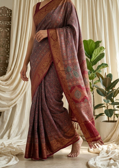 Buy Ajrakh Modal Silk Saree with Lagdi Pallu | Handloom Block Print Saree Online