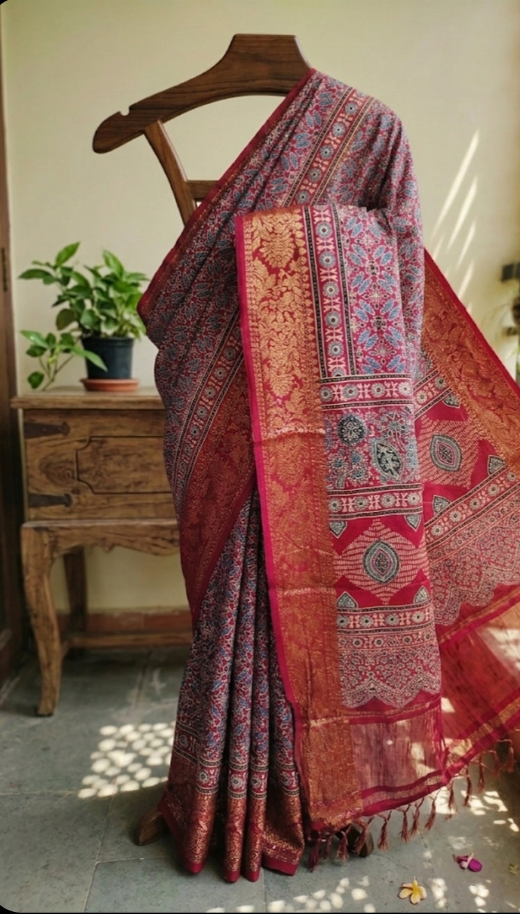 Buy Ajrakh Modal Silk Saree with Lagdi Pallu | Handloom Block Print Saree Online